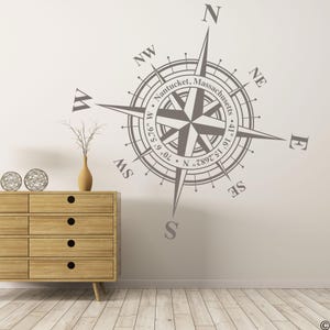 Customizable Compass Rose Vinyl Wall Decal: Add Coordinates K771