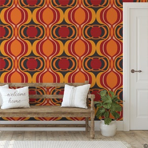 Peel-n-Stick Wallpaper, Red, Orange, and Brown Retro 70&#39;s Pattern, printed with eco-friendly ink, self-adhesive and removable W029