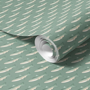 Peel-n-Stick Wallpaper, Lake House Green Fish Pattern, printed with eco-friendly ink, self-adhesive and removable CM097