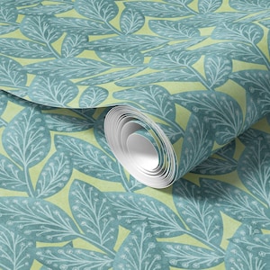 Peel-n-Stick Wallpaper, Boho Green Aqua Leaf Pattern, printed with eco-friendly ink, self-adhesive and removable CM030