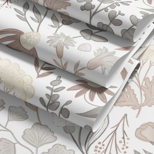 Boho Floral Peel and Stick Wallpaper: Warm Gray Muted Neutral CM036