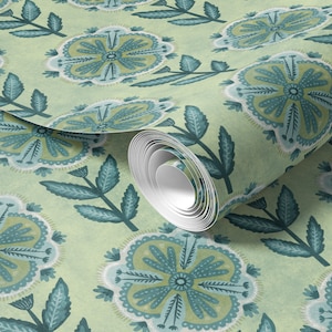 Peel-n-Stick Wallpaper, Boho Green Aqua Floral Pattern, printed with eco-friendly ink, self-adhesive and removable CM029