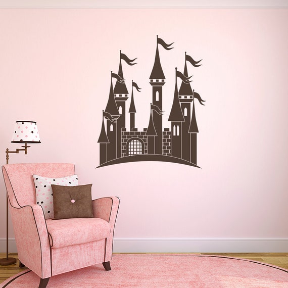 kid/'s room living room playroom more K636 Girl holding on to a flying Dragon over a Fairytale Castle Vinyl Wall Decal for nursery