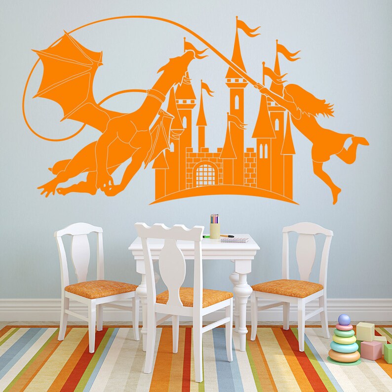 kid/'s room living room playroom more K636 Girl holding on to a flying Dragon over a Fairytale Castle Vinyl Wall Decal for nursery
