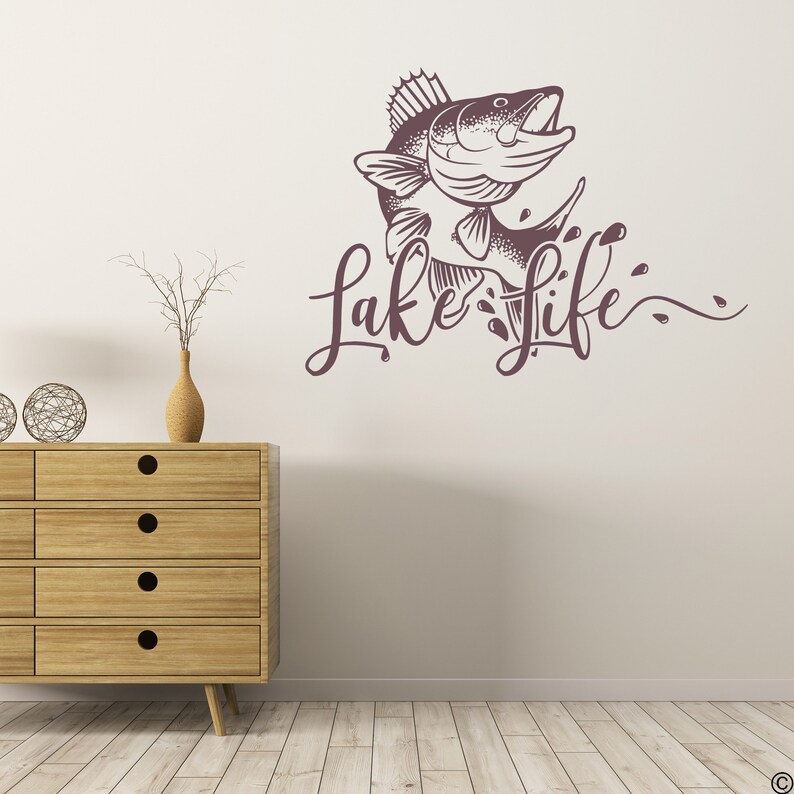 removable wall art K752 Lake Life with Walleye Fish Wall Decal perfect lake house decor Wall