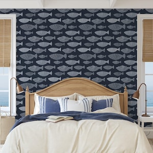 Dive into Sophistication: Nautical Fish Pattern Self-Adhesive Wallpaper on Deep Navy Blue AS004