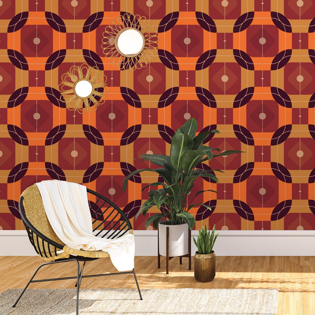 Peelnstick Wallpaper, Retro 70's Square Geometric Red and Orange