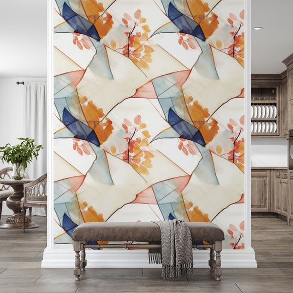 Modern Elegance: Self-Adhesive Wallpaper with Contemporary Korean Design - Autumn Leaves with Blue and Beige Washes of Paint CM142