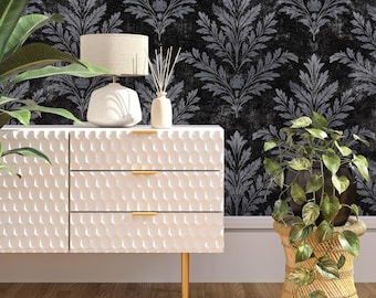Damask Peel and Stick Wallpaper: Distressed Black Grey Removable Wall Decor W064