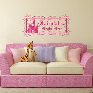 kid/'s room living room playroom more K636 Girl holding on to a flying Dragon over a Fairytale Castle Vinyl Wall Decal for nursery