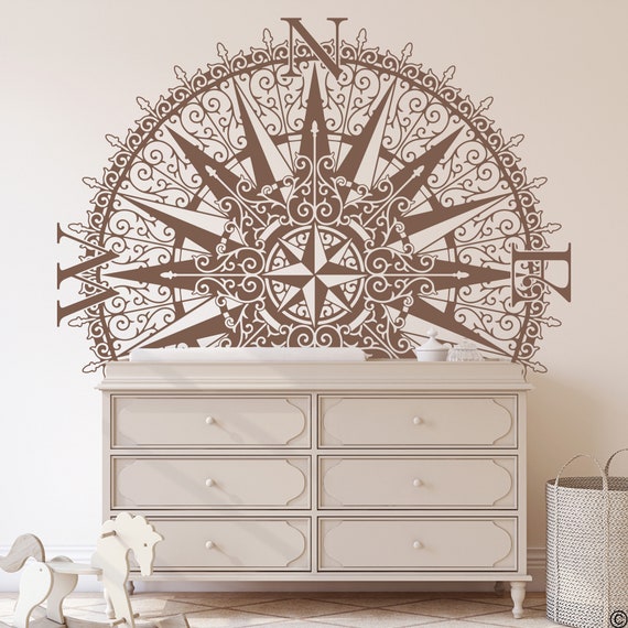 Compass Rose Vinyl Wall or Ceiling Decal nautical art themed room decor K621