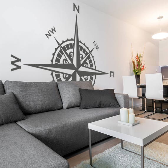 Compass Rose Vinyl Wall or Ceiling Decal nautical art themed room decor K621