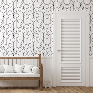 Contemporary Geometric Cube Tower Pattern Self-Adhesive Wallpaper - White Background with Thin Black Lines W072
