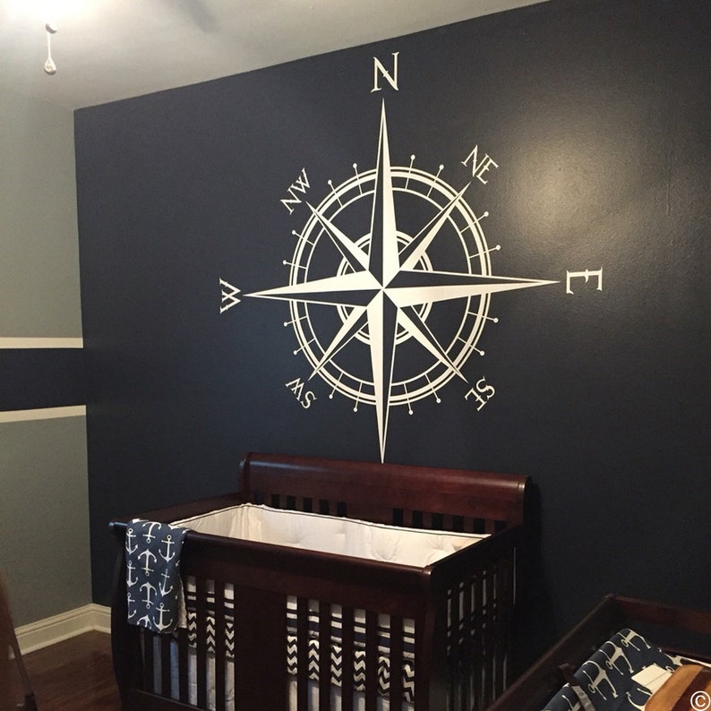 The Captain Compass Rose Wall or Ceiling Decal, medallion, world map art, home decor, nautical nursery sticker K514 image 1