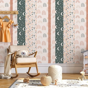 Boho Nursery Peel-n-Stick Wallpaper: Irregular Stripes, Eco-Friendly Ink CM075