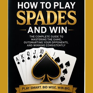 Op de afbeelding: Een boekomslag met de titel How to Play Spades and Win, met een zwarte achtergrond, gouden tekst en een groot schoppensymbool. Een waaier van speelkaarten met de Aas, Heer, Vrouw, Boer en 10 van schoppen staat boven een gouden banner.