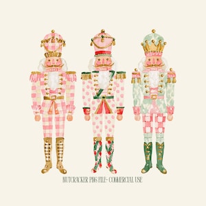 May include: Three watercolor nutcracker figures featuring pink, white, and green patterns. The left figure has a pink gingham uniform, the center has pink polka dots, and the right has a green and white pattern. Text reads: NUTCRACKER PNG FILE- COMMERCIAL USE