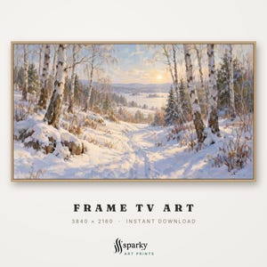 May include: A landscape painting in a thin wooden frame depicting a snowy birch forest at sunrise. The scene features white snow-covered ground, tall birch trees with textured bark, and a distant frozen lake under a soft, pale yellow sun.