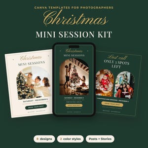 Op de afbeelding: Een set digitale Canva-sjablonen voor kerst mini-sessies met drie verschillende lay-outs. De ontwerpen bevatten boogvormige fotokaders, gouden typografie en tekst zoals Christmas Mini Sessions en Last call only 3 spots left.