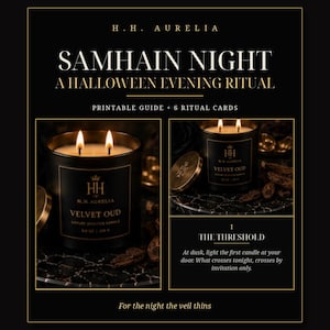 May include: A black candle labeled H.H. Aurelia Velvet Oud with two lit wicks, presented in a set titled Samhain Night A Halloween Evening Ritual. The set includes a printable guide, six ritual cards, and a candle with a net weight of 8.8 oz.
