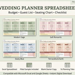 Planificador de bodas en formato digital (Google Sheets y Excel) / Rastreador automático de presupuesto, lista de invitados, plano de asientos y cronograma de bodas.