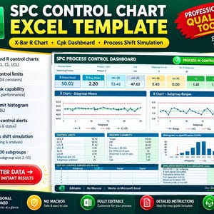 SPC Excel Dashboard, Xbar R Chart, Quality Control Template