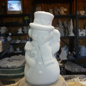 May include: White ceramic snowman figurine with a black top hat and a scarf. The snowman is holding a small object in its left hand. The figurine is sitting on a brown surface.