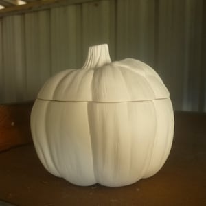 Puede incluir: Contenedor de cerámica blanca con forma de calabaza con tapa. El contenedor tiene una superficie texturizada que se asemeja a las nervaduras de una calabaza.