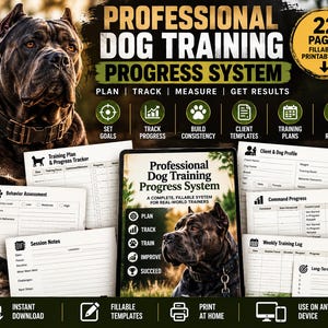 Op de afbeelding: Een professioneel hondentrainings-voortgangssysteem met 22 invulbare en printbare PDF-pagina's. De set bevat sjablonen voor gedragsbeoordeling, trainingsplannen, sessienotities, klantprofielen, commando-voortgang en wekelijkse trainingslogboeken.