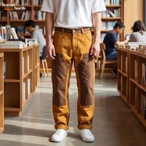 Puede incluir: Pantalones de trabajo color amarillo mostaza con paneles de rodilla reforzados en marrón oscuro y cintura marrón. Los pantalones se combinan con una camiseta blanca metida por dentro y zapatillas blancas. El logo Woven North se ve arriba a la izquierda.