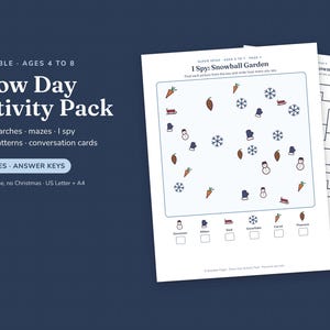 Puede incluir: Un paquete de actividades imprimible Snow Day Activity Pack con 16 páginas de hojas de trabajo con temática invernal. El documento incluye un juego I Spy Snowball Garden con iconos de muñecos de nieve, manoplas, trineos, copos de nieve.