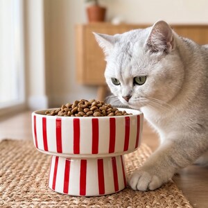 Handmade Ceramic Cat Bowl, Red Striped Elevated Pet Dish, Artisan Pottery