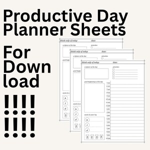 Puede incluir: Tres hojas de planificador blancas apiladas con texto negro que incluyen secciones para fecha, prioridades, escritura del día, buenos momentos, comidas y un registro de agua. El texto dice Productive Day Planner Sheets For Download. Cuatro filas de exclamaciones.