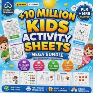 May include: A digital bundle of 10 million kids activity sheets featuring colourful graphics, mazes, dot-to-dot, puzzles, word searches, and tracing exercises. The design includes cartoon children, a sun, and text labels for educational content.