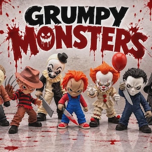 Puede incluir: Una colección de siete figuras de personajes de terror frente a un fondo con el texto GRUMPY MONSTERS en rojo. Las figuras incluyen villanos icónicos con trajes, armas y accesorios detallados sobre una superficie salpicada de sangre.