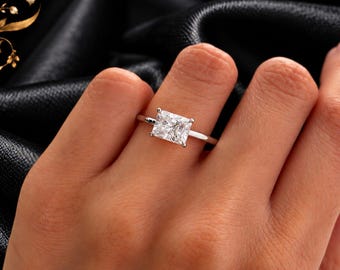 Bague de fiançailles sertie d'une moissanite taille radiant, sertie d'un halo discret | Bague minimaliste et luxueuse | Bijou de mariage élégant