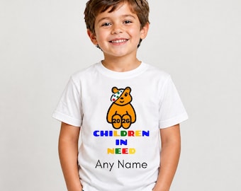 Camiseta infantil personalizada de Children in Need 2026, camiseta infantil personalizada para el Día de la Caridad, camiseta inspirada en Pudsey Bear, ropa infantil personalizada.
