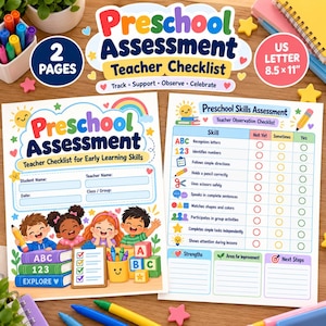 Puede incluir: Un conjunto de dos páginas de lista de verificación para evaluación preescolar. Las hojas coloridas presentan ilustraciones de niños, bloques del alfabeto y una tabla de observación de habilidades con casillas de verificación, tamaño 21,59 x 27,94 cm.