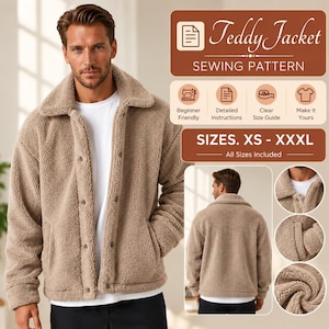 May include: A beige teddy jacket sewing pattern featuring a front and back view of the garment. The text reads Teddy Jacket SEWING PATTERN, Beginner Friendly, Detailed Instructions, Clear Size Guide, Make It Yours, and SIZES. XS - XXXL.