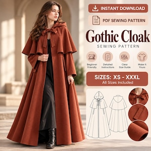 Naaipatroon voor een gotische cape (PDF), middeleeuwse cape, cosplaycape, fantasiekostuum, naaipatroon voor een middeleeuws festival, A4 A0 US Letter