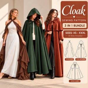 3 in 1 Cloak Sewing Pattern Bundle PDF, Gothic Cloak, Elven Cape, Medieval Cape, Fantasy Cosplay Costume, Hooded Cloak Pattern