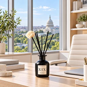 May include: A black glass reed diffuser bottle with a white label featuring the text XIX Reed Diffuser 3.4 FL OZ 100 ML. The bottle contains several black reeds and a single cream-colored decorative flower topper, positioned on a wooden desk surface.