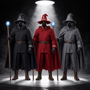 May include: Three mannequins dressed in wizard costumes, each wearing a pointed hat with a crescent moon emblem, a hooded cloak, a tunic, trousers, and brown boots. Two mannequins hold a wooden staff topped with a glowing blue orb.