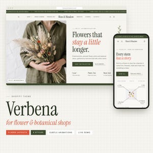 May include: A digital display of the Verbena Shopify theme for flower and botanical shops, featuring a desktop website layout with a dried flower bouquet and a mobile interface showing product details and botanical illustrations.