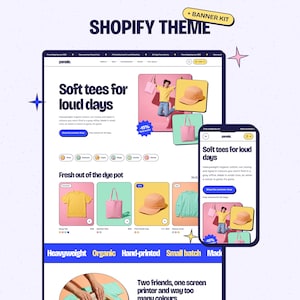 May include: A Shopify theme banner kit featuring a website layout for a clothing brand named Pomelo. The design displays a desktop and mobile interface with product images, including t-shirts, tote bags, and caps, alongside text headers.