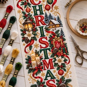 May include: A vertical cross-stitch embroidery piece on white fabric featuring the word CHRISTMAS in red and green letters. The design includes a lantern, a snow-covered cabin, three lit candles, wrapped gifts, pinecones, and red ribbons.
