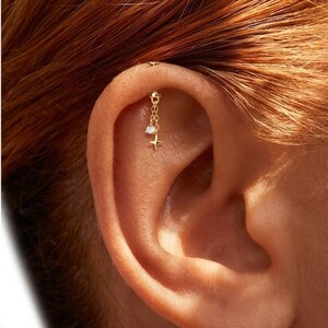 Titanium Vertical Helix Chain Star Dangle Earring, Hidden Helix Piercing, Thread less Flat Back Stud, Gift for her, mom and friend