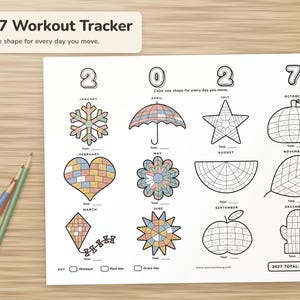 May include: A 2027 workout tracker printable sheet featuring twelve monthly sections with seasonal icons like a snowflake, umbrella, star, pumpkin, heart, flower, watermelon, leaf, kite, sun, apple, and mitten, each containing small shapes to color.