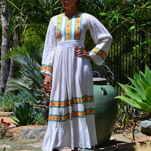 60's 70's India boho hippie peasant ruffle off-white sheer cotton gauze floral embroidered belled slv maxi dress XS//S image 3