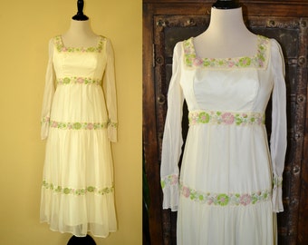 Romantic prairie tiered ruffle Ivory sheer gauze floral pink/lime green embroidered trim//long slv Empire waist midi tea dress XS//S